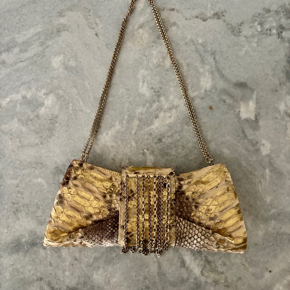 Judith Leiber Metallic Gold Python Snakeskin Purse - image 1